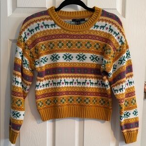Forever 21 Mustard Crewneck Sweater with White, Green & Pink Fair Isle